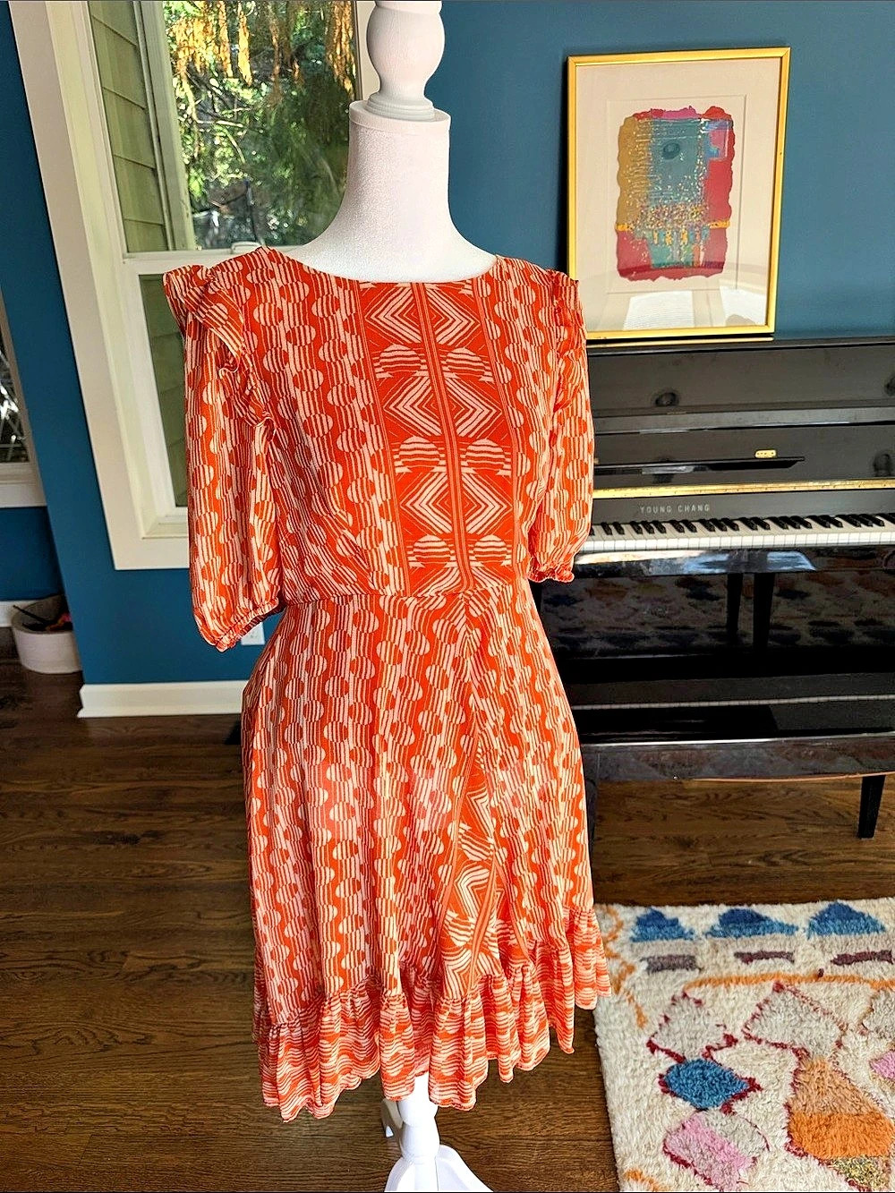 Urban Outfitters Wrighton Ruffle Lined Mini Dress in Orange & White Size Small